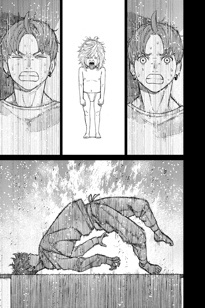 Jiji reacts and sweats, with the child inside him crying. Her body also reacts.