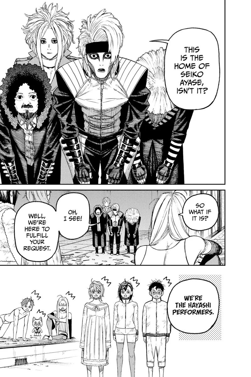 The four weird guys come back and introduce themselves as the Hayashi Performers. Grandma and the other are shocked.