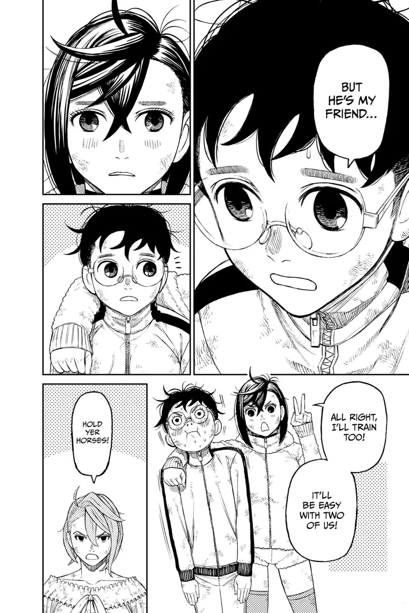 Momo puts her arm around Okarun's shoulders and reveals she will train with him.