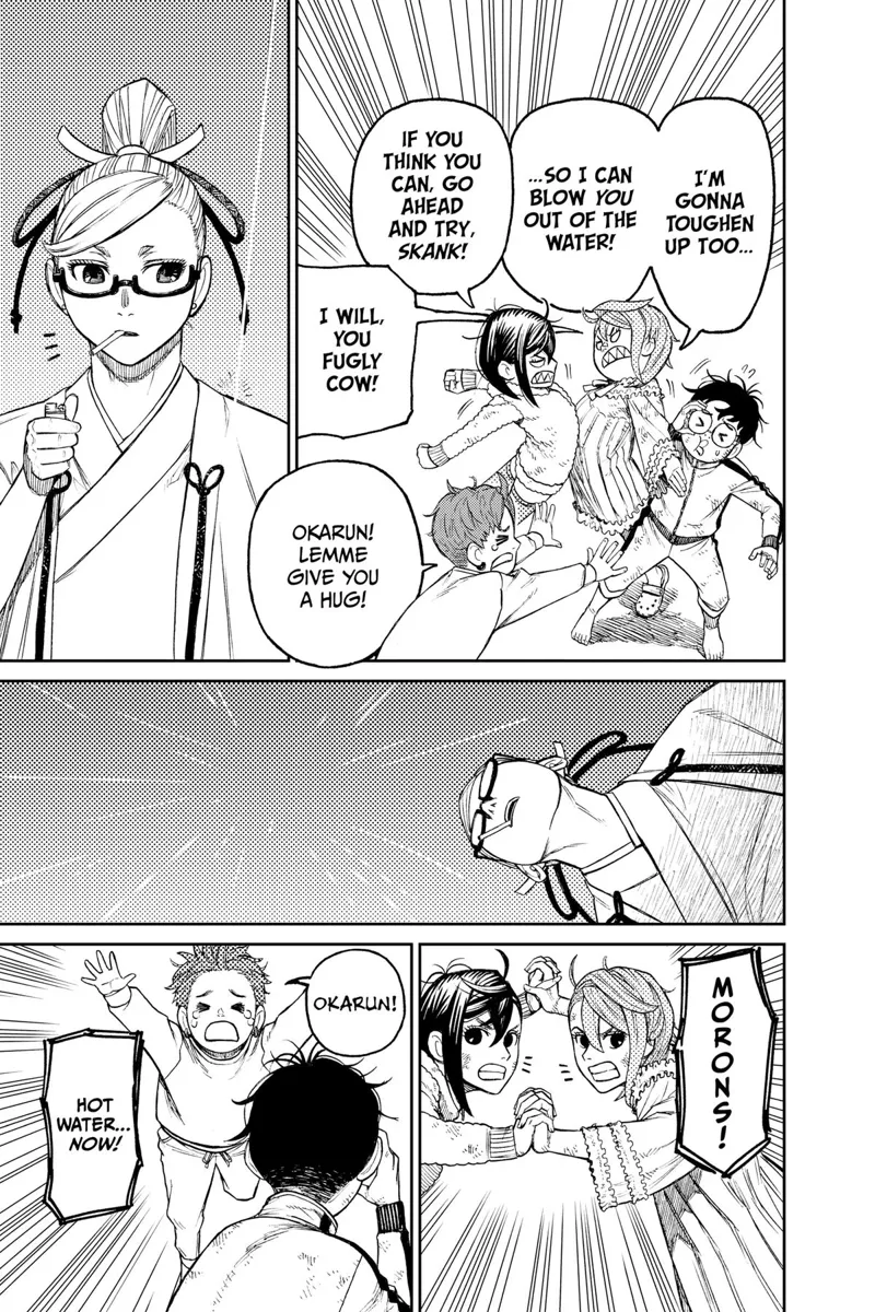 Momo and Aira start bickering again. Jiji cries and approaches Okarun to embrace him. The rain starts falling.