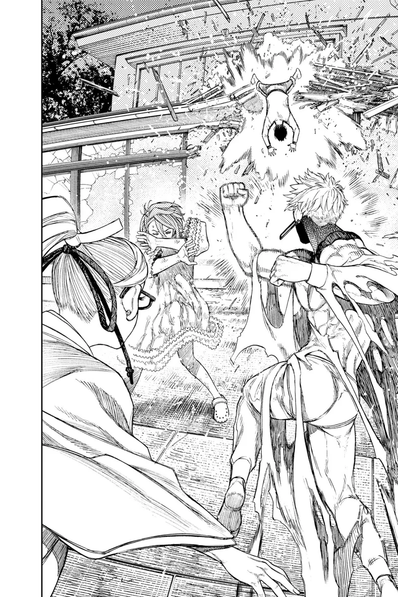 Jiji morphs into Evil Eye and punches Okarun into the house.