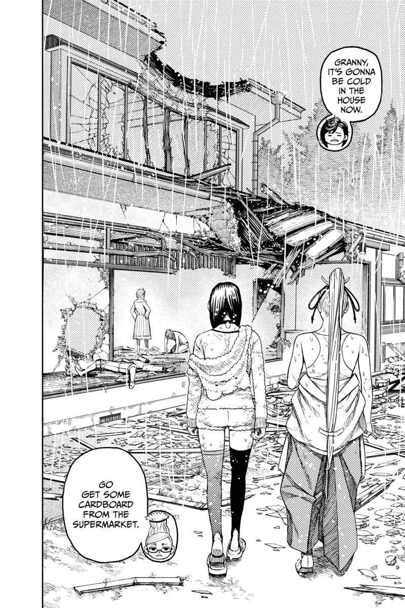 Grandma and Momo walk towards the house where Aira is scolding Jiji, who is kneeling before her.