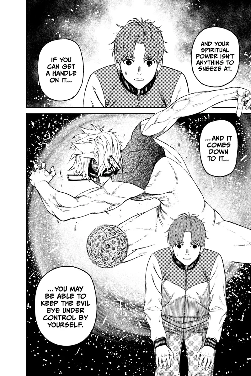 Jiji focuses and imagines the Evil Eye kicking the spirit ball.