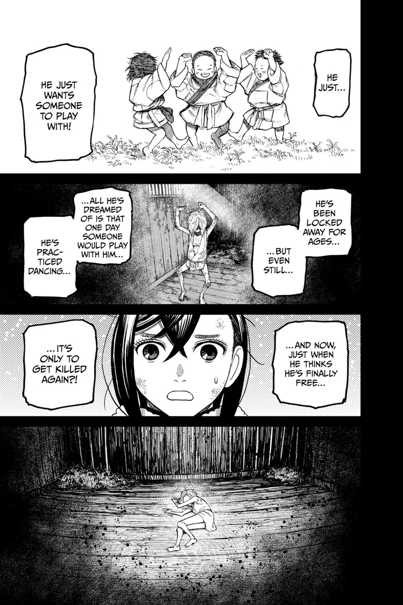 Momo sees three kids and another kid inside a wooden prison, dancing and sleeping.