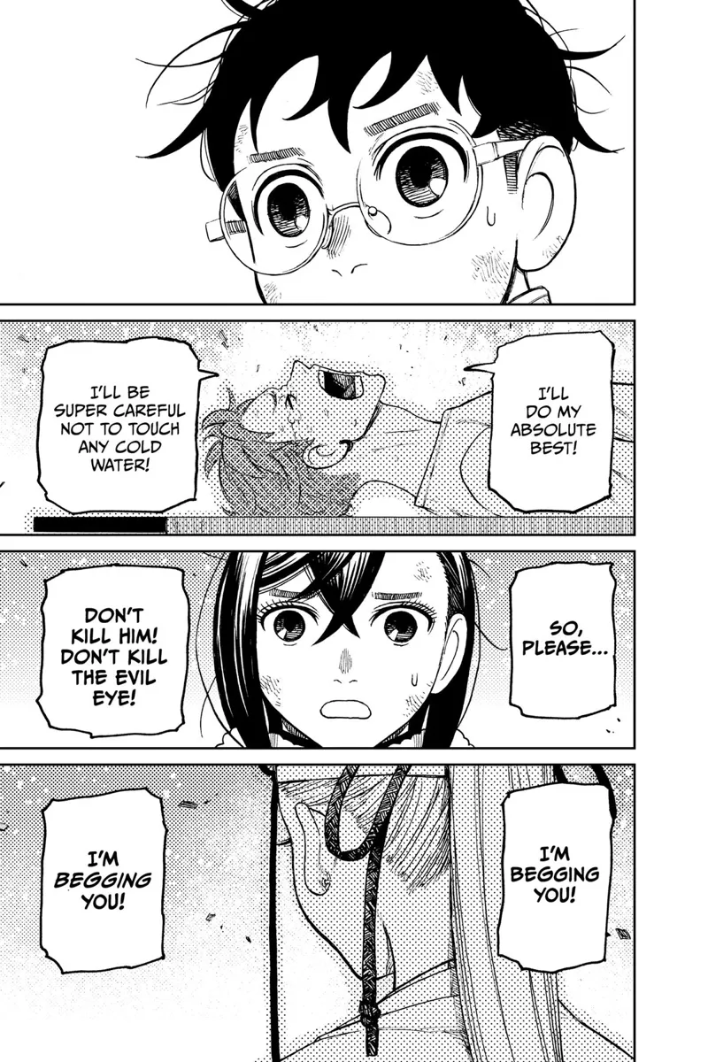 Jiji cries while lying down and asks Momo, Okarun, and Grandma not to defeat the Evil Eye.