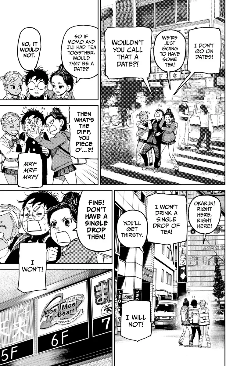 Momo's friends grab Okarun, dragging them to the street and into a teahouse.