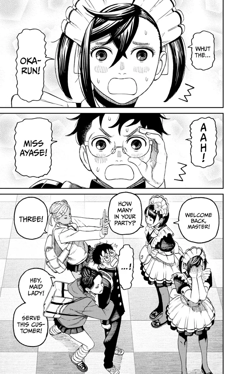 Momo and Okarun notice each other and are surprised. Their two friends start teasing her.