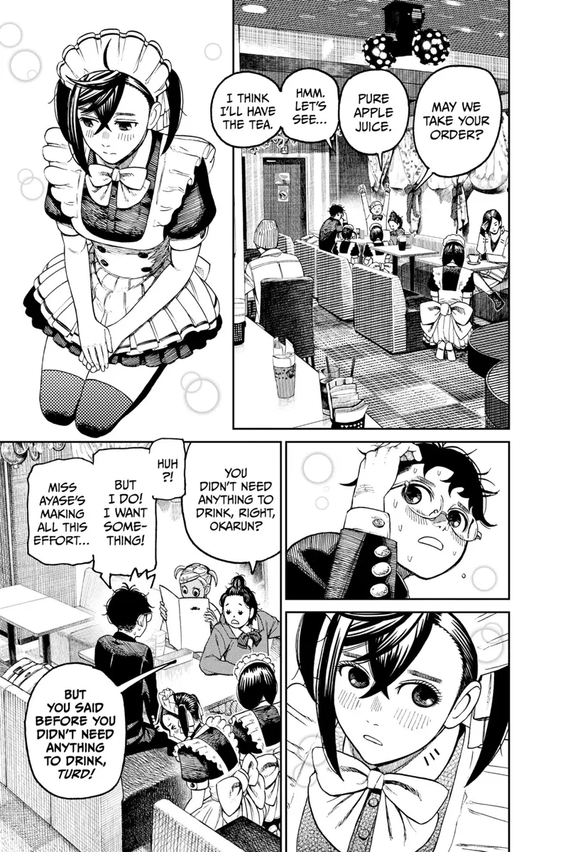 Momo kneels to the customers while waiting for orders. She looks embarrassed looking at Okarun.