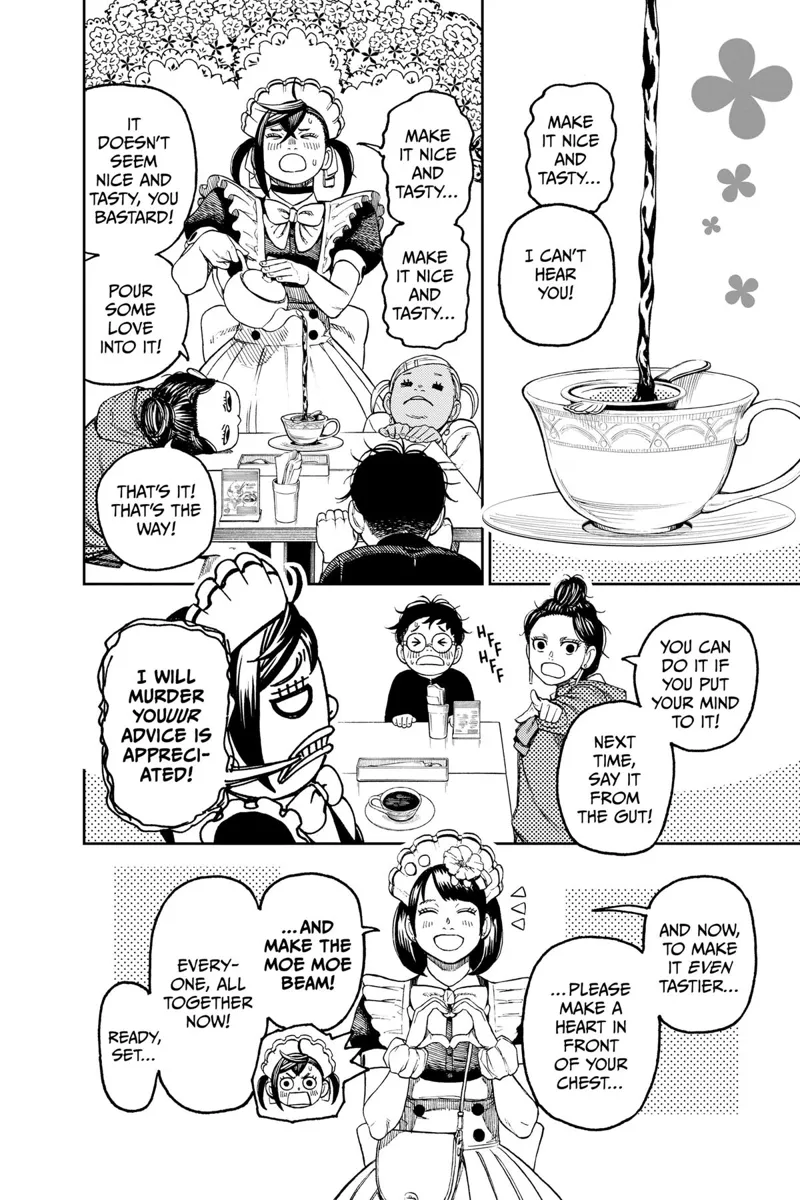 Momo pours tea into a cup while her customer friends tease her.