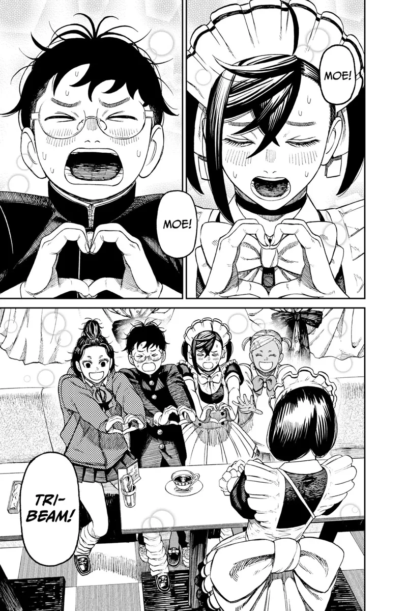 Okarun, Momo, and her friends make a Moe Moe Tri-Beam to the other maid.