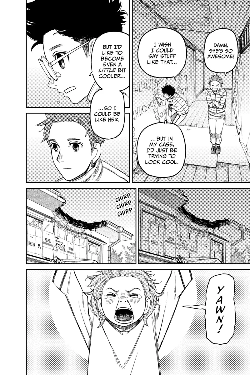 Okarun and Jiji keep talking about Grandma while Okarun fixes the cover. Aira wakes up.