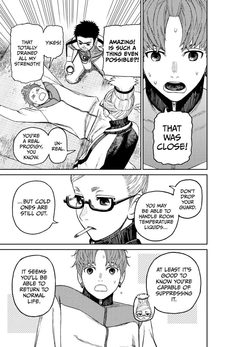 Jiji lies down after that last exercise drains his strength. Grandma and Manjiro are in awe of his prodigy.