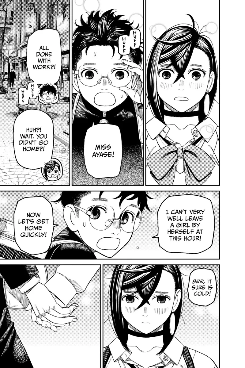 Momo is surprised upon seeing Okarun. She holds his hand as they start walking home.