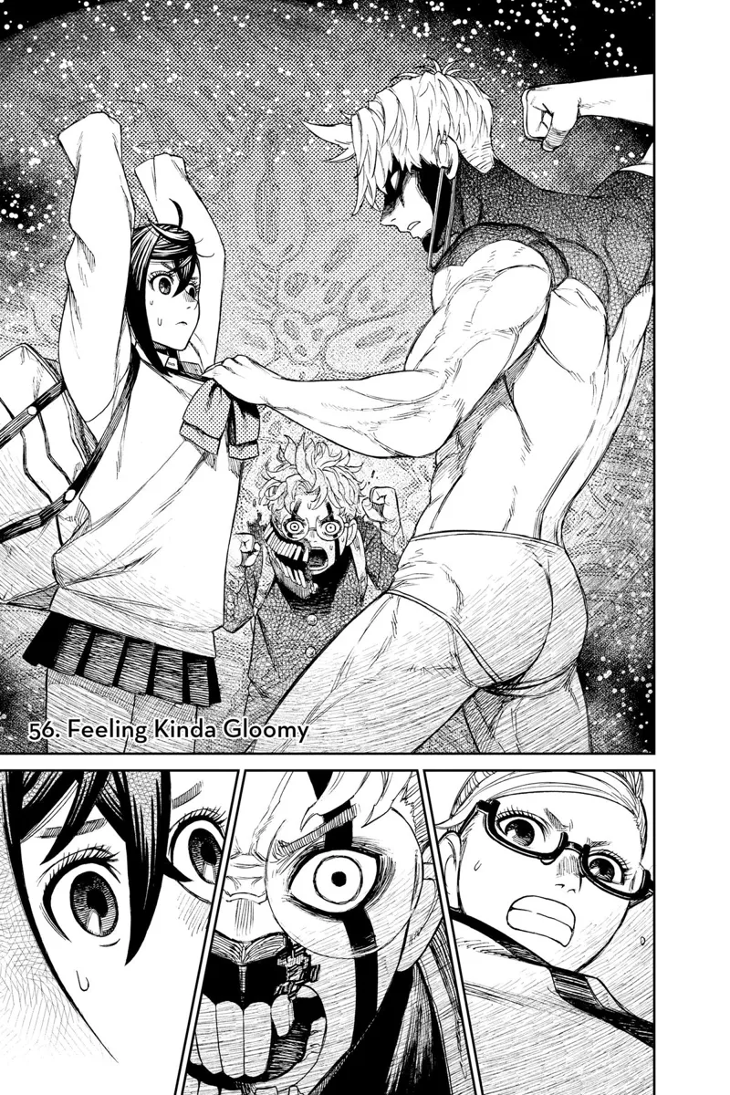 Evil Eye Jiji prepares to punch Momo inside his barrier. Okarun and Grandma watch nervously.