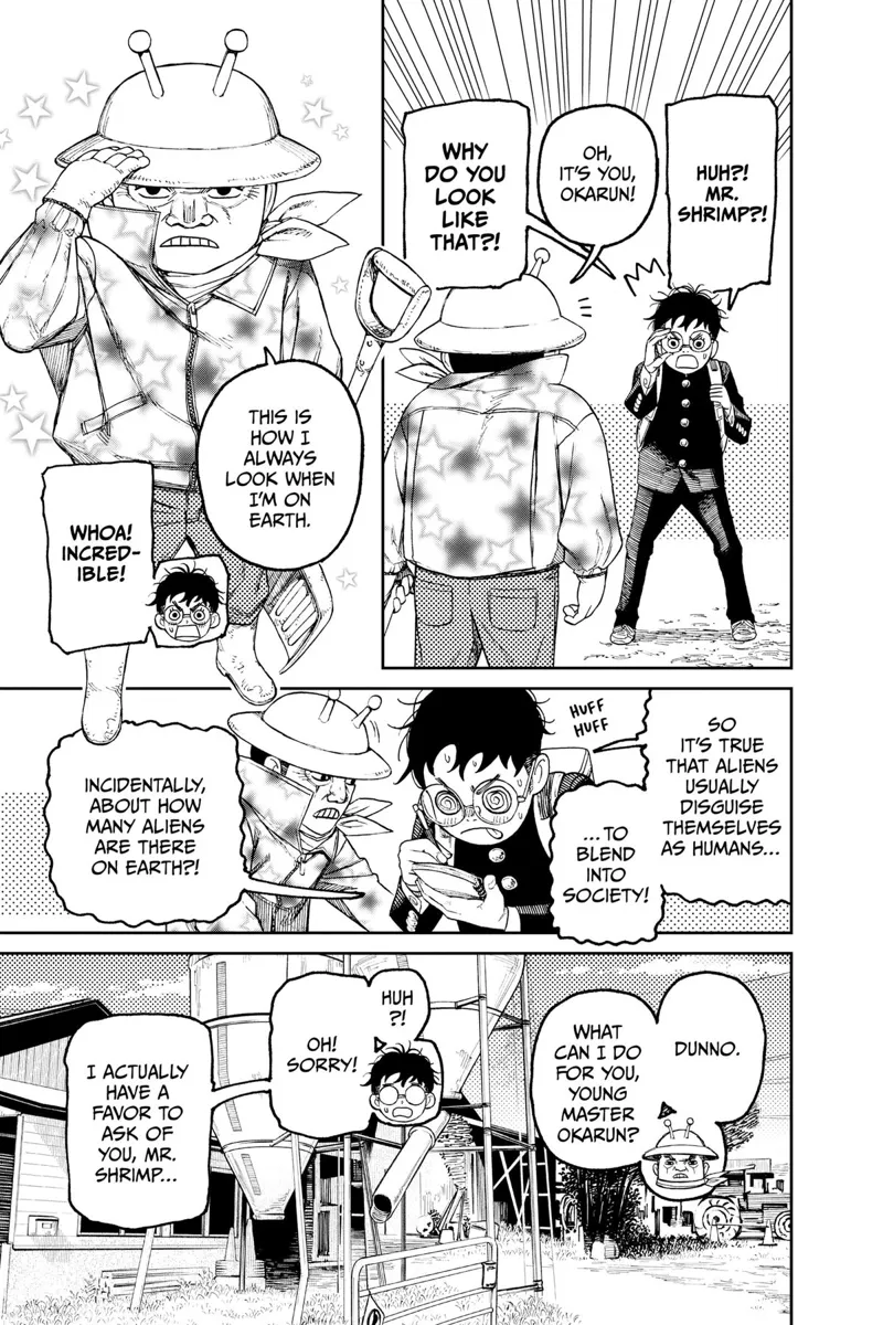 Okarun is surprised upon seeing Peeny Weeny, aka Mr. Shrimp, having a human face. He suddely writes notes.