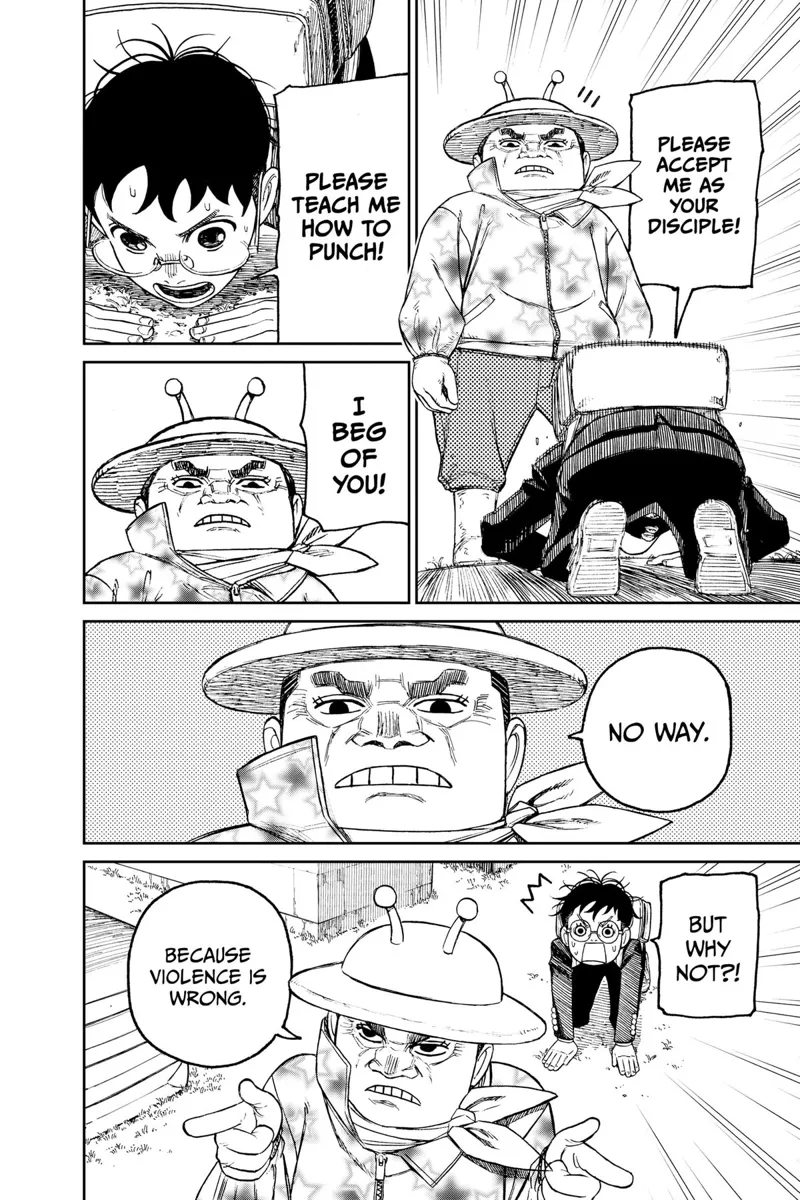 Okarun bows before Peeny Weeny and asks that he be accepted as his disciple so he would know how to punch.