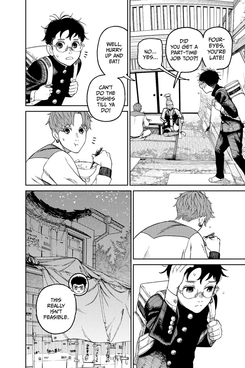 Grandma tells Okarun to eat after going home late. He sees Jiji eating as well.