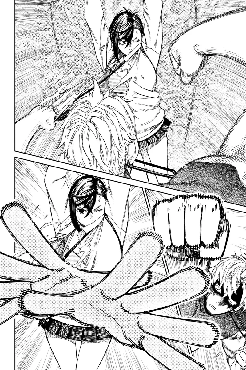 Evil Eye Jiji rips Momo's uniform and punches her. Momo uses her telekinesis arms.