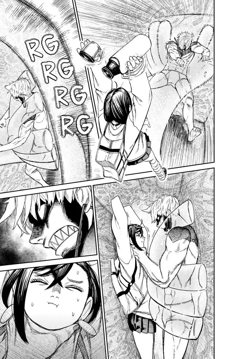 Momo pushes Evil Eye Jiji. Evil Eye Jiji shrinks the barrier, close enough so he can choke Momo.