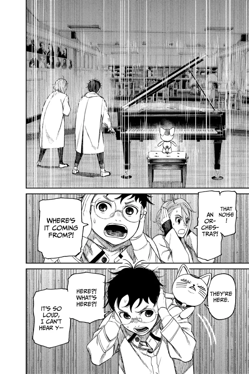 Suddenly, a loud noise rocks the room. Okarun and Aira cover their ears.