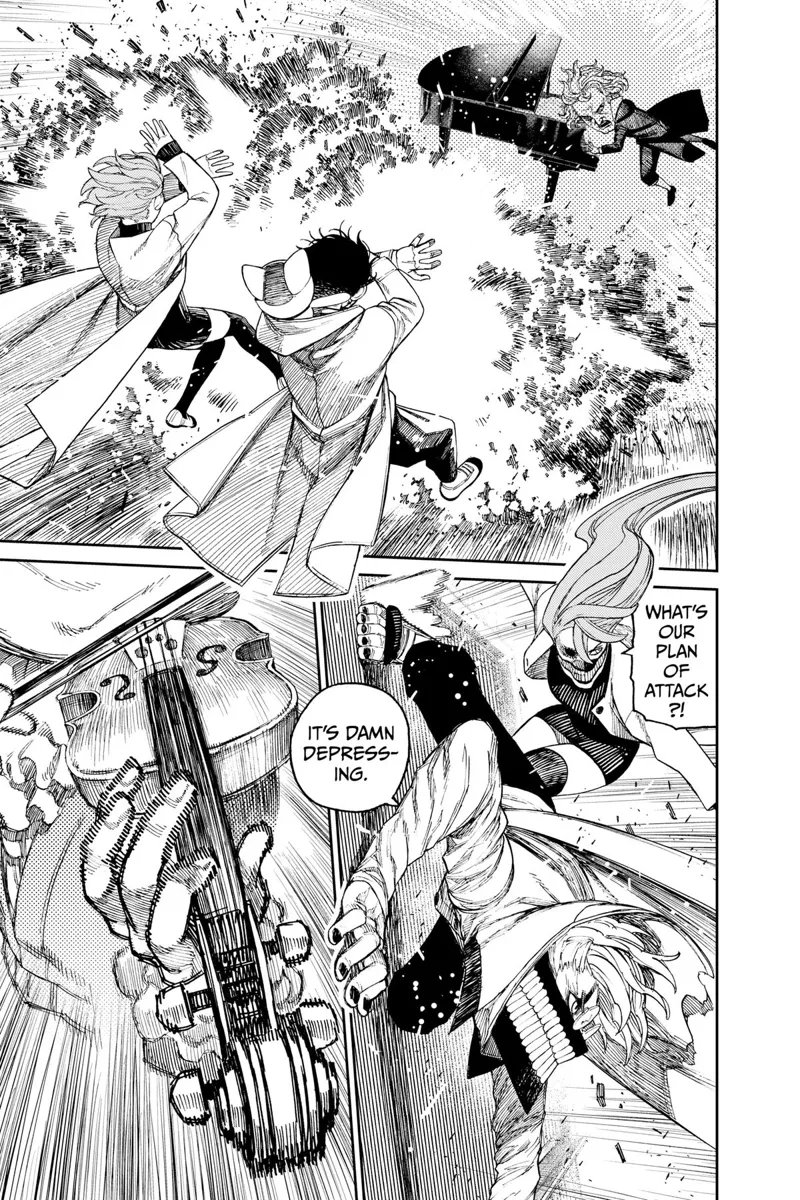 An explosion suddenly occurs in front of Okarun and Aira, who are now in their cursed form.