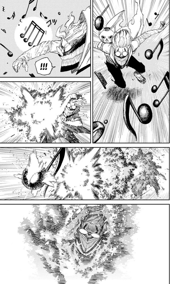 Okarun tries to attack, but the musical notes explode upon contact.