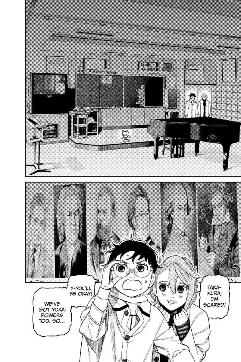 Aira moves close to Okarun after getting scared, and they follow Turbo Granny in a room.