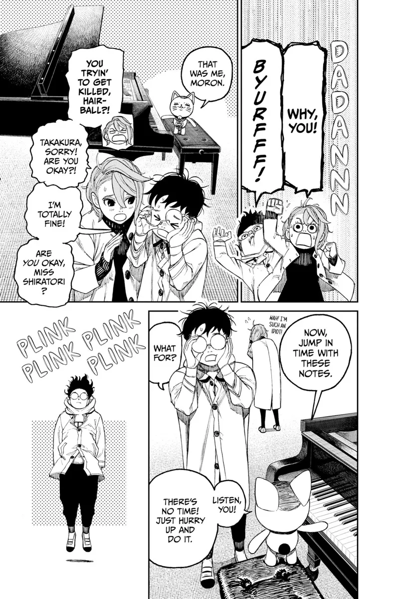 Okarun and Aira are suddenly scared after Turbo Granny intentionally steps on the piano.