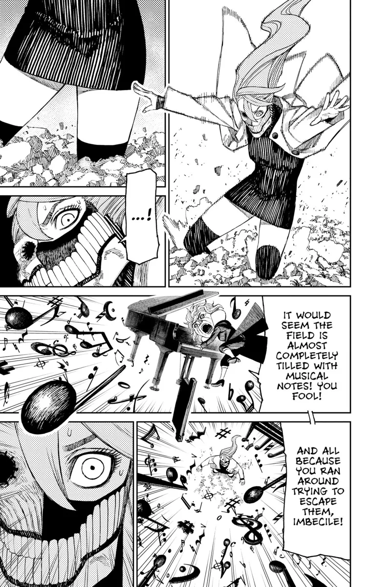 Cursed Aira's foot gets stuck into the ground. The piano guy hurls more musical notes at her.