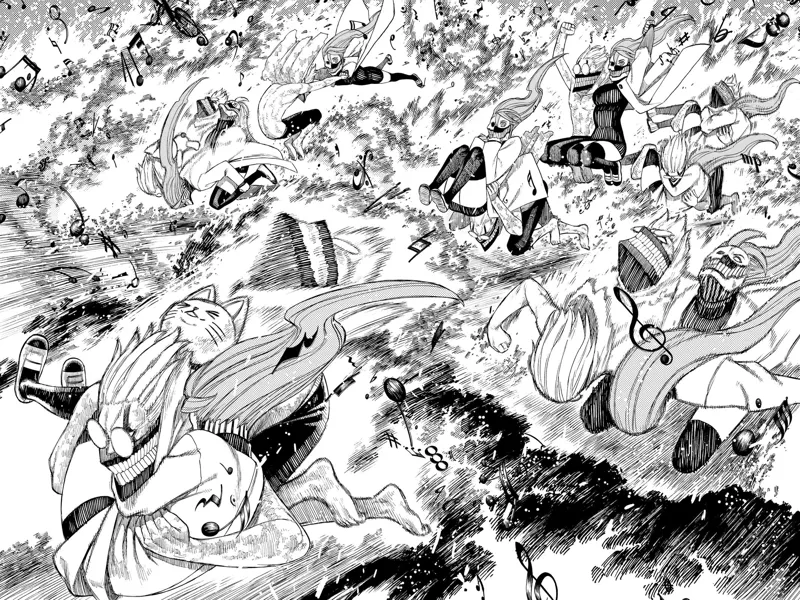 Cursed Okarun and cursed Aira easily dodge the exploding notes.