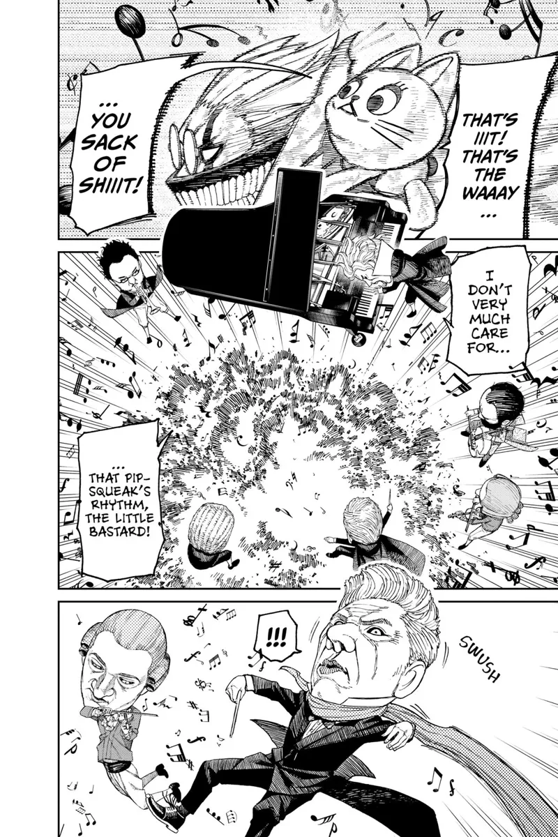 Turbo Granny praises Cursed Okarun's rhythm. The musical artist Yokais watches the explosions below.