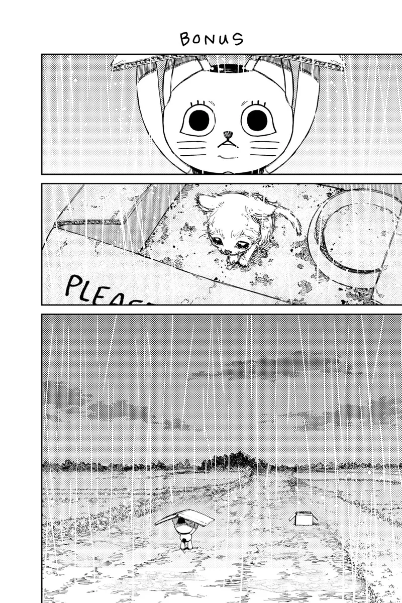 In a bonus page, Turbo Granny walks into the field and sees an abandoned kitten in a box during heavy rain.