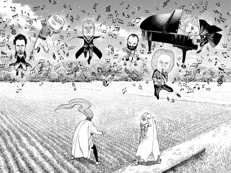 Cursed Okarun and Aira are transported to a field as they face the levitating musical artist Yokais and their notes.