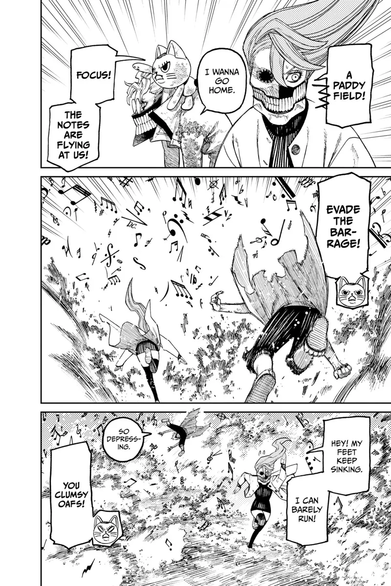 Cursed Okarun and Aira run as they dodge the barrage of exploding musical notes.