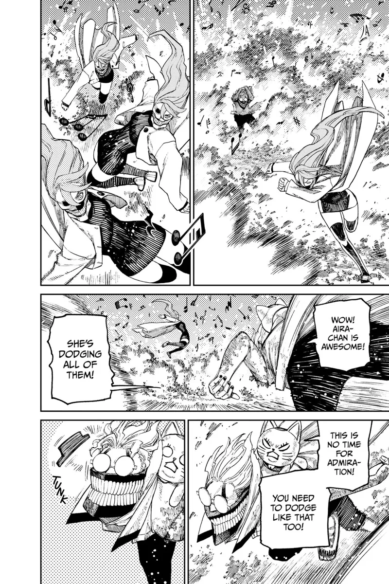 Cursed Okarun admires cursed Aira, easily dodging the notes. Turbo Granny tells him to focus.