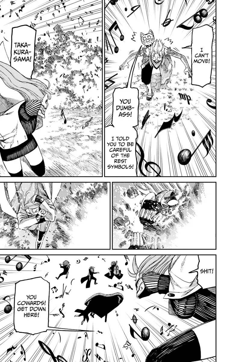 Cursed Okarun is petrified and gets hit by the exploding notes. Cursed Aira attacks the floating yokai.