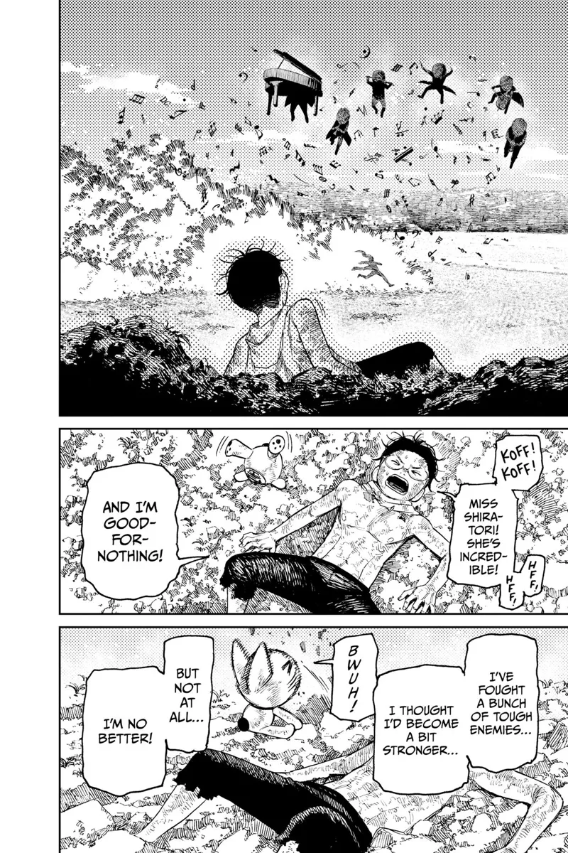 Okarun returns to normal and watches cursed Aira dodging the musical artist Yokais' attacks.