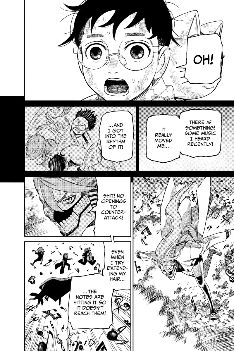 Okarun recalls the rhythm of the music during the Hayashi Performance. Cursed Aira keeps dodging the exploding notes.