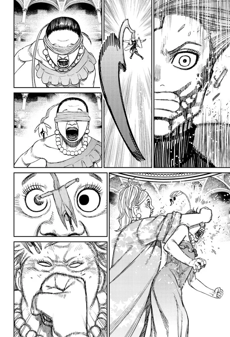 Cursed Aira maneuvers with her hair during her fight against the two giants, who are now hitting one another.