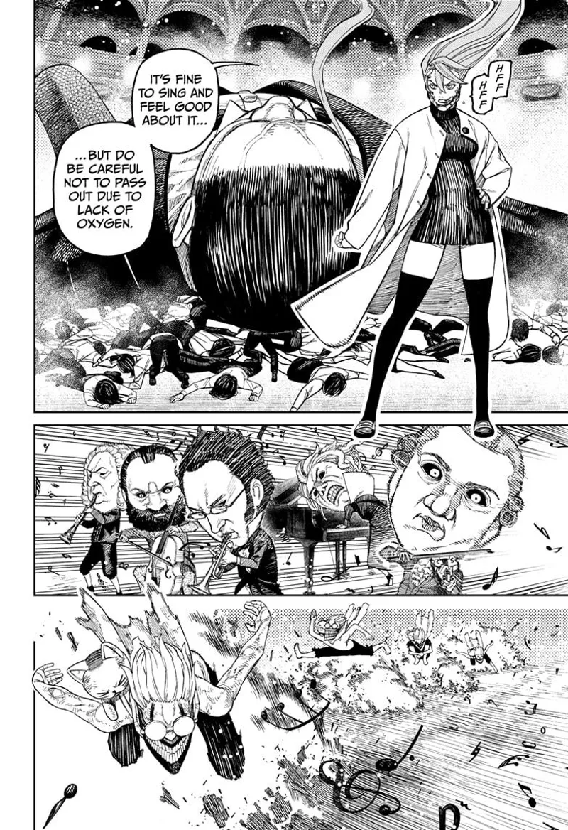 Cursed Aira defeats the male giant, who also crushed the crowds upon falling. Cursed Okarun dodges the notes.