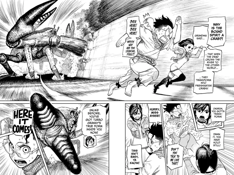 The huge crab attacks Momo and Okarun as they run, but it misses. Momo extends her hand to help Okarun transform, and the crab attacks them.