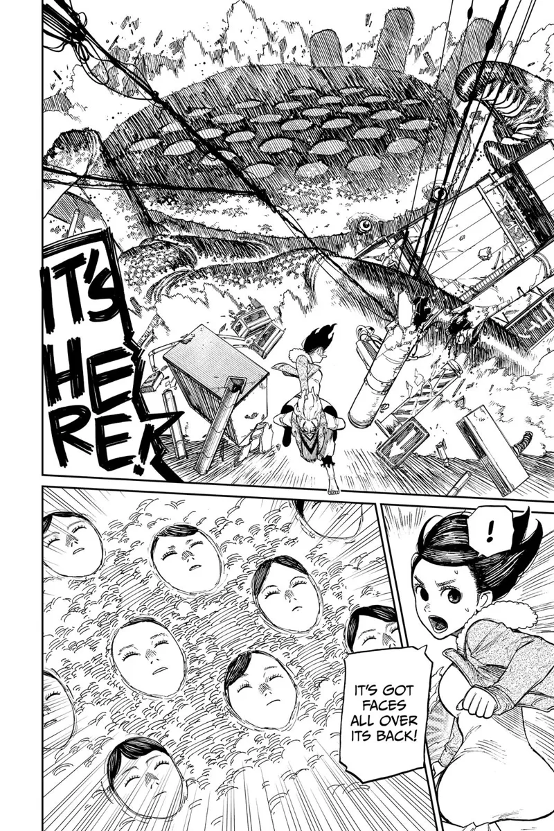 The giant crab reappears and chases them again, destroying everything in its path. They notice faces on its back.