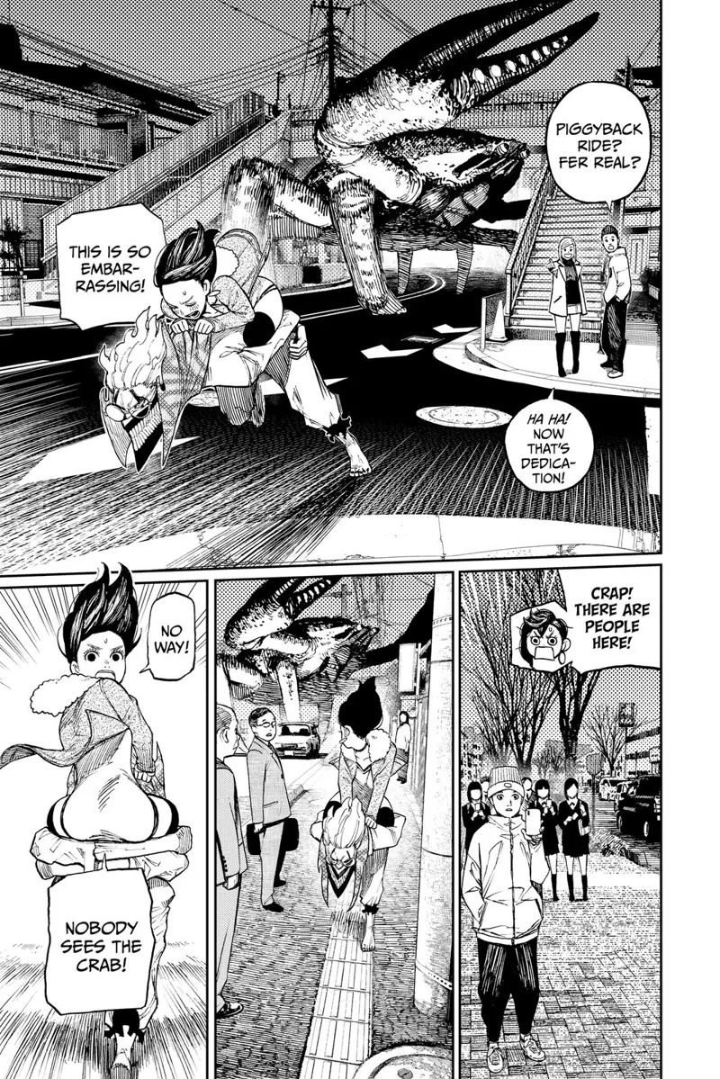 Okarun and Momo are running in a street with many people. They notice her on a piggyback ride but don't see the giant crab.