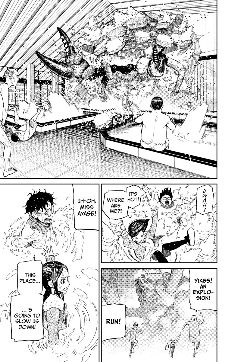 The crab crashes into a male bathhouse. Momo and Okarun, now human, fall into the hot bath. The people run.