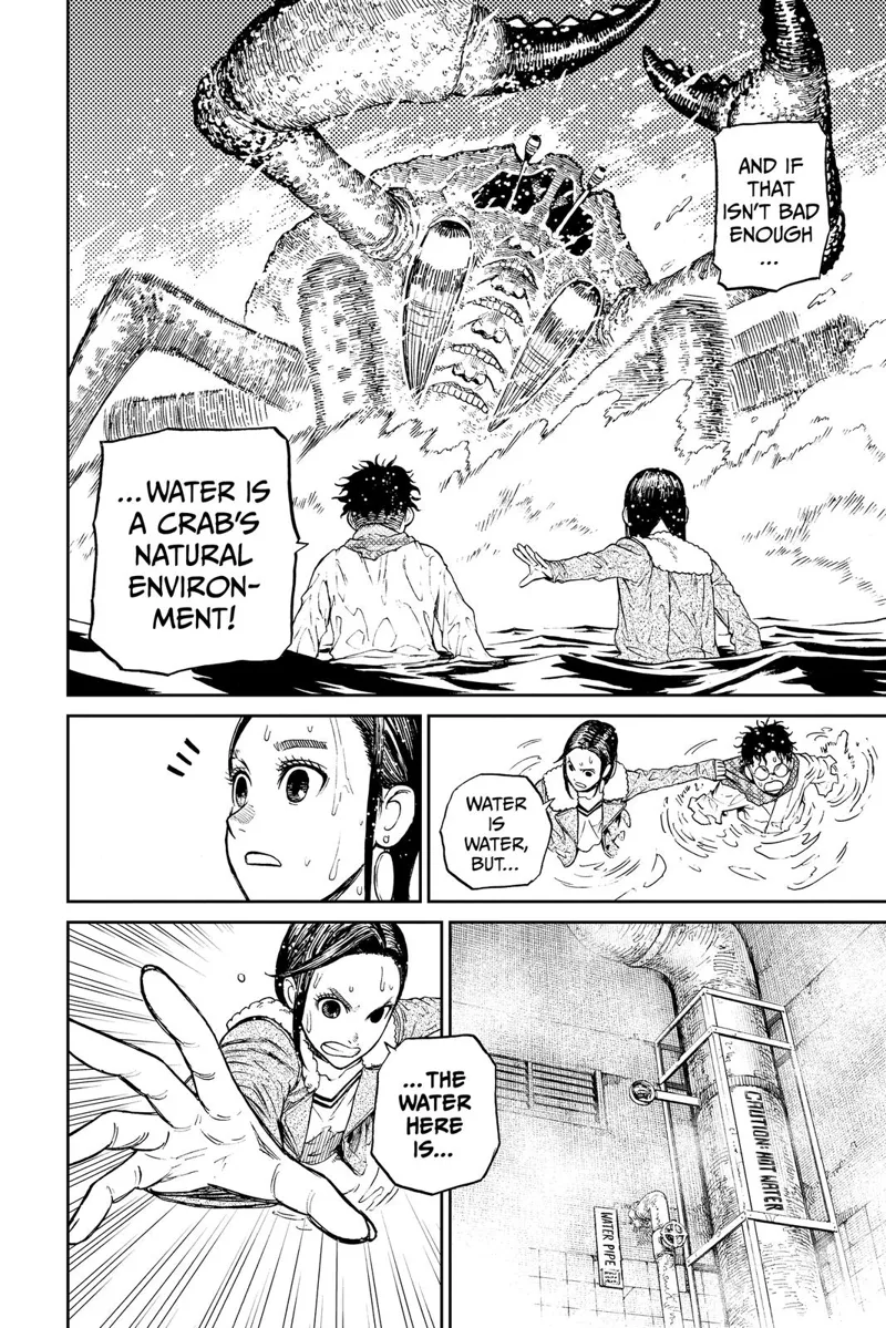 The giant crab also crashes into the hot pool. Momo sees a pipe filled with hot water. She extends her arm to make it spill.