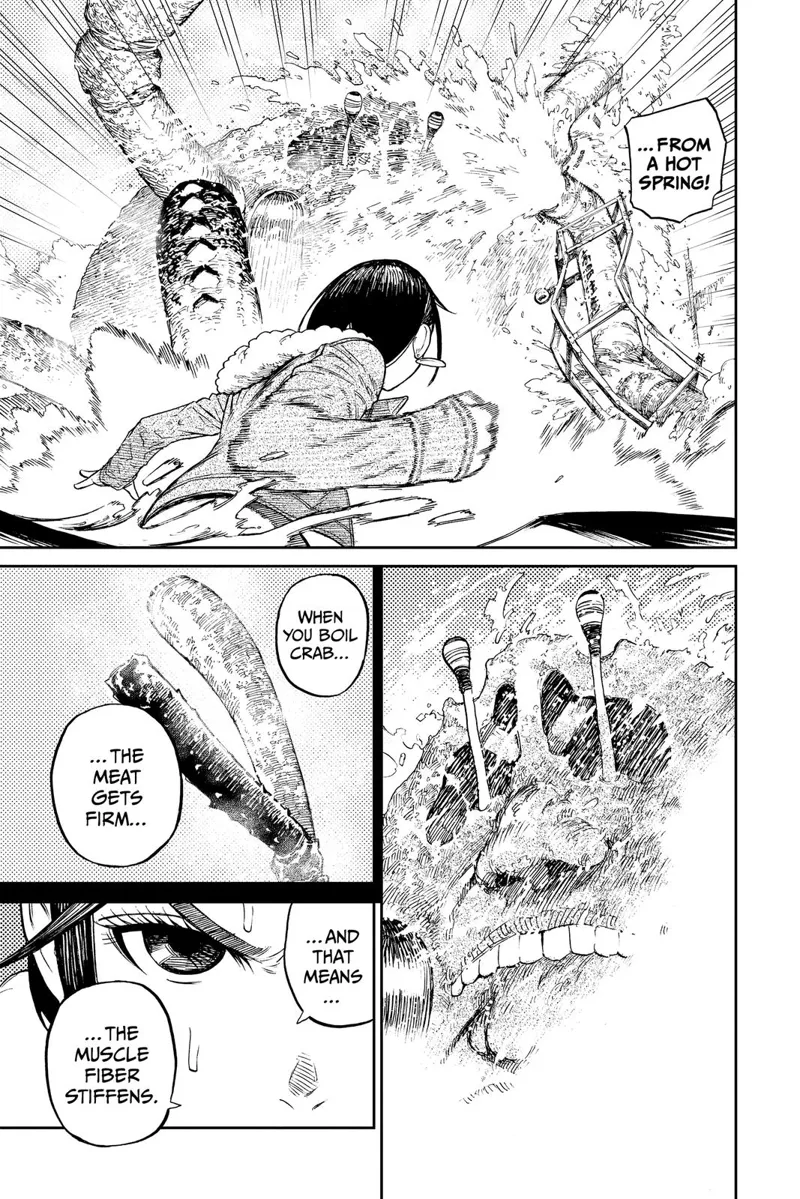 The huge pipe bursts out and splashes hot spring water onto the crab. The giant crab gets cooked.