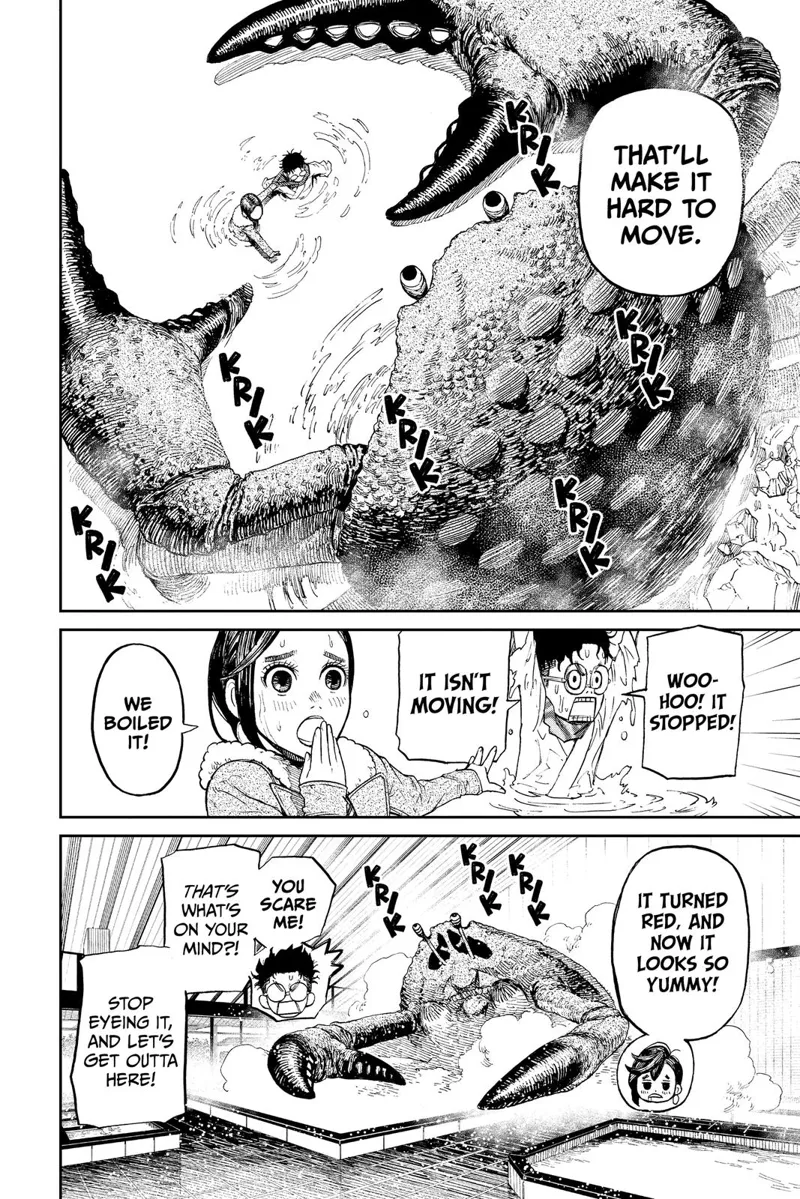 The giant crab stops moving. Momo says it looks red and yummy. Okarun tells her they should get out.