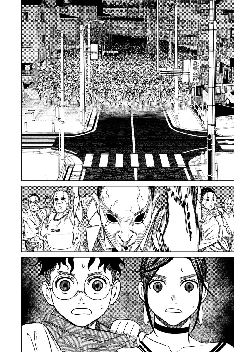 Momo and Okarun are shocked to see a crowd of people with weird eyes fill the streets and run towards them.