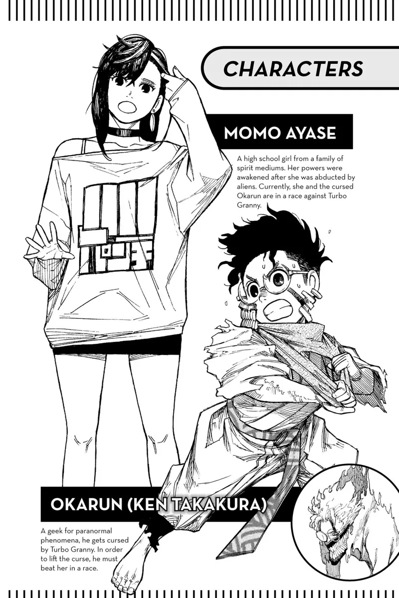 Character information about the high school girl Momo Ayase and paranormal geek Okarun (Ken Takakura).