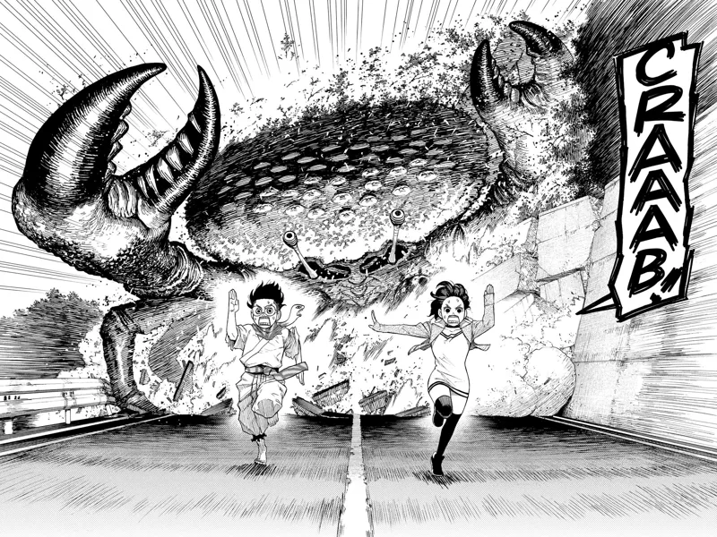 A huge crab suddenly appears and destroys things while chasing them.